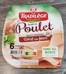 Jambon de poulet ou blanc de poulet en tranche