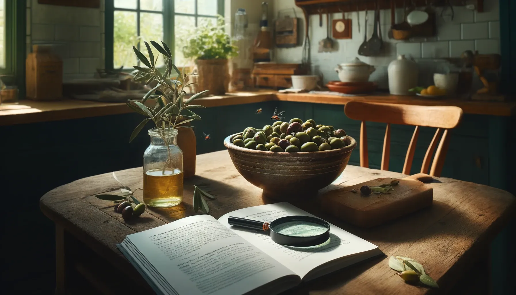 Olives sur une table avec des mouches autour