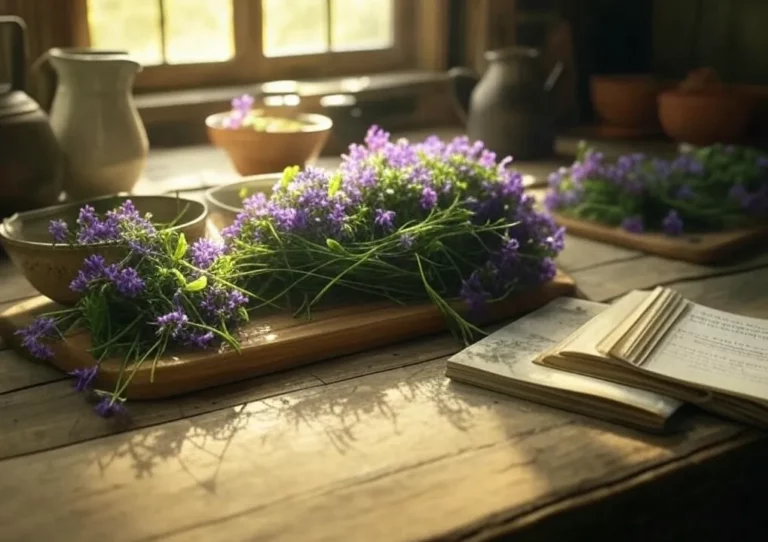 Ciboulette en fleurs sur une table